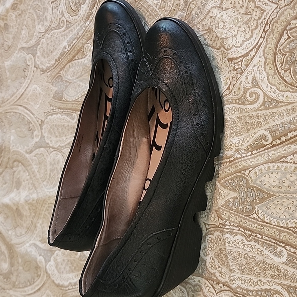 Fly London Women's Black Leather Wedge Shoes. Wingtip Style